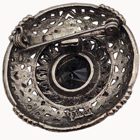 VTG Brooch Tacoa Signed Cabochon Black Rhinestone SilverTone Filigree Whimsygoth - Picture 7 of 12